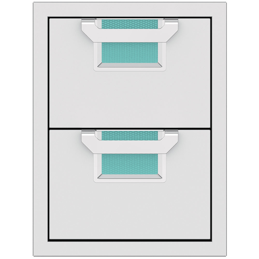 Double storage drawers with two open bins and teal insert panels