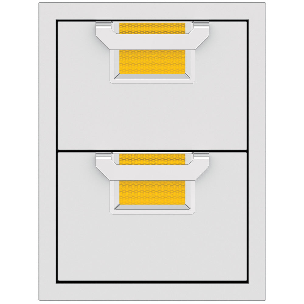 Double storage drawers unit with two stacked pull-out drawers and metal handles
