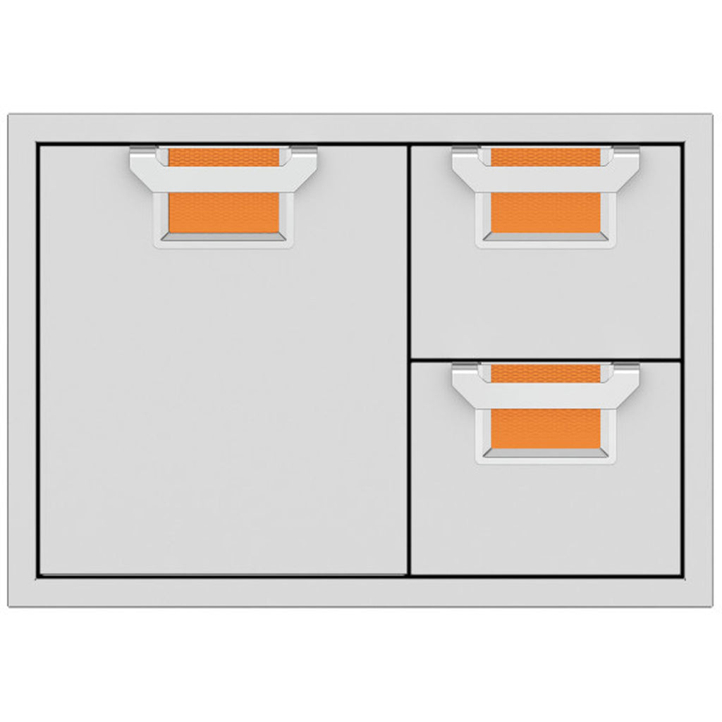 Double drawer storage cabinet with orange drawer inserts and gray metal frame