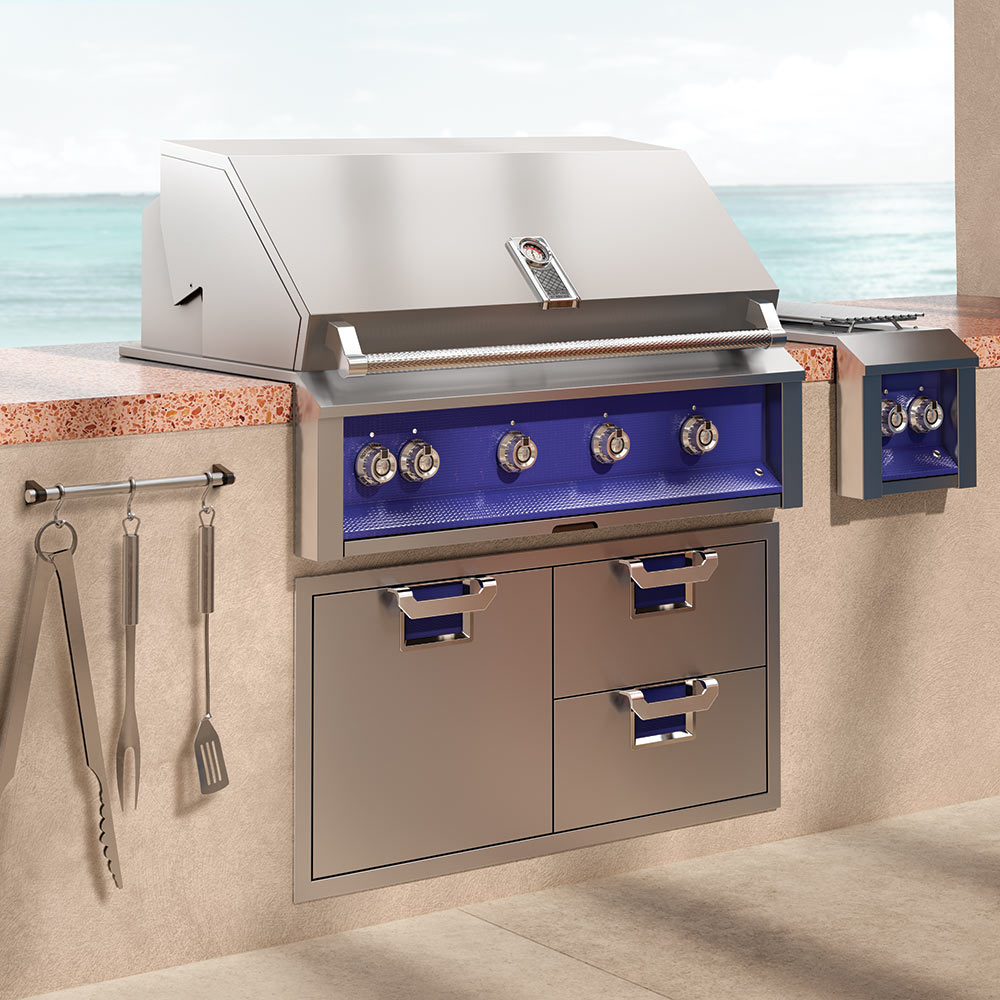 Outdoor kitchen drawer and door unit with two pull-out drawers and blue interior panels