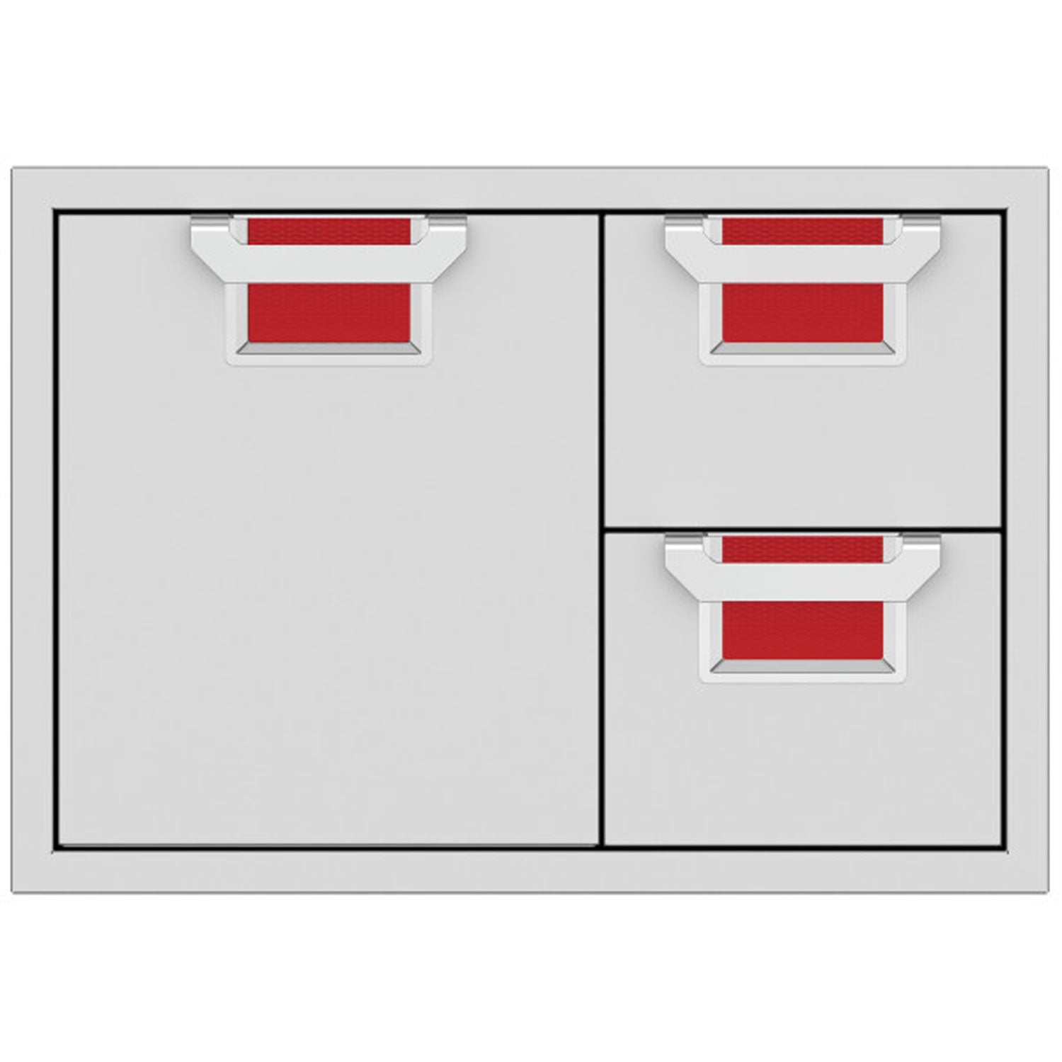 Double drawer storage cabinet with red drawer inserts and gray metal frame