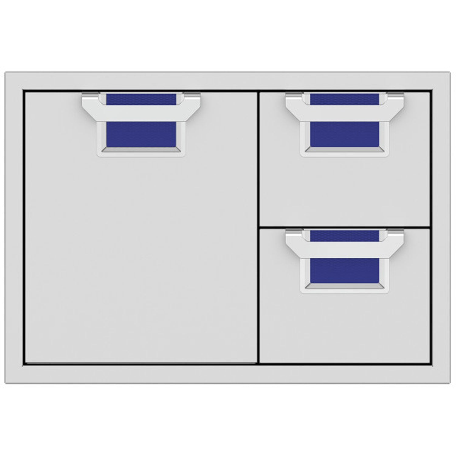 Double drawer storage cabinet with blue drawer inserts and gray metal frame
