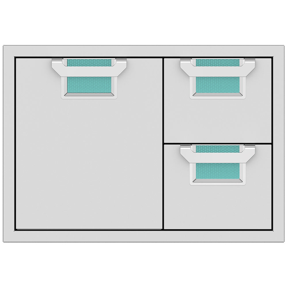 Double drawer storage cabinet with teal drawer inserts and gray metal frame