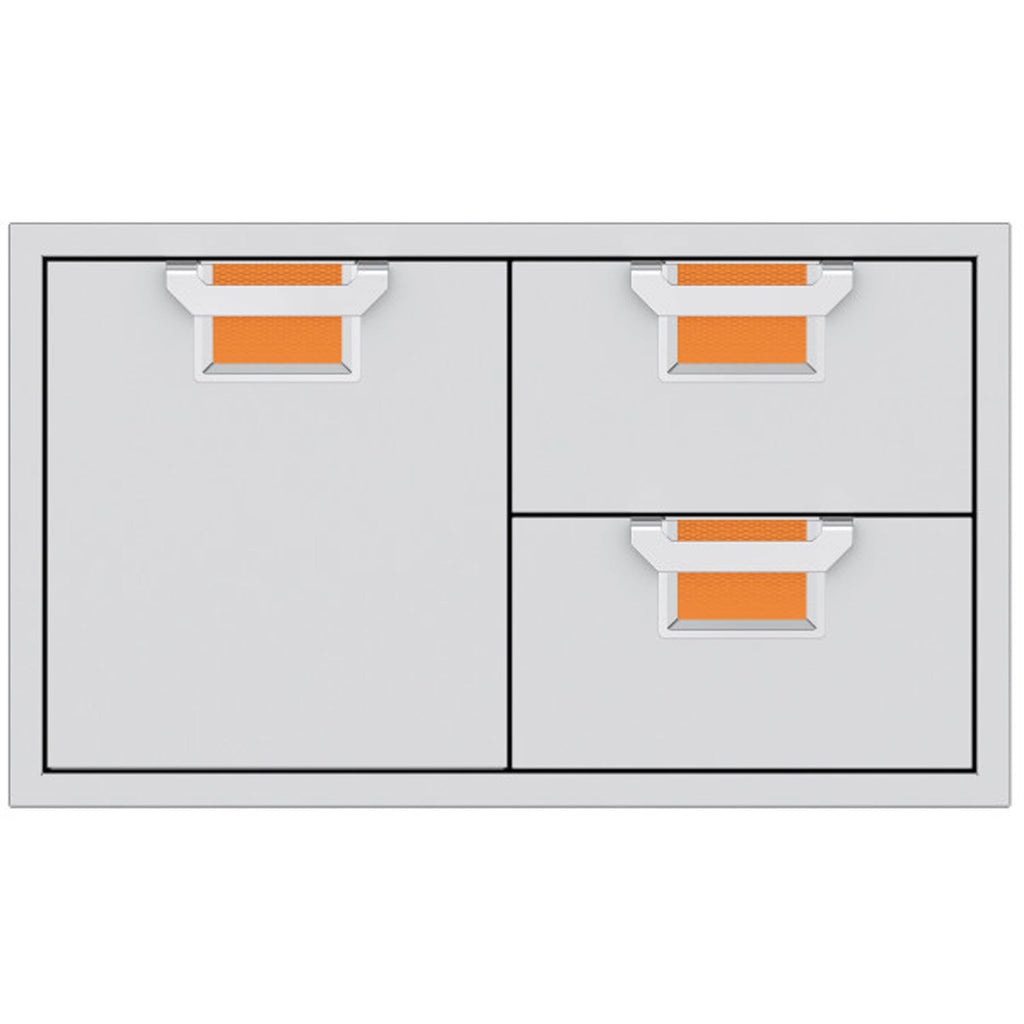 Metal storage drawer unit with two drawers and two doors, gray frame and orange drawer liners