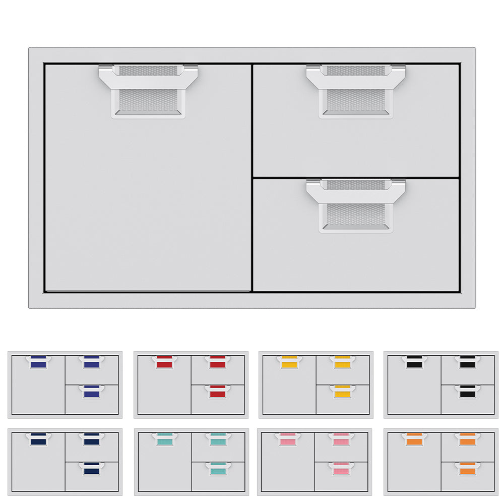 Outdoor storage drawer unit with two drawers and two cabinet doors, light gray frame