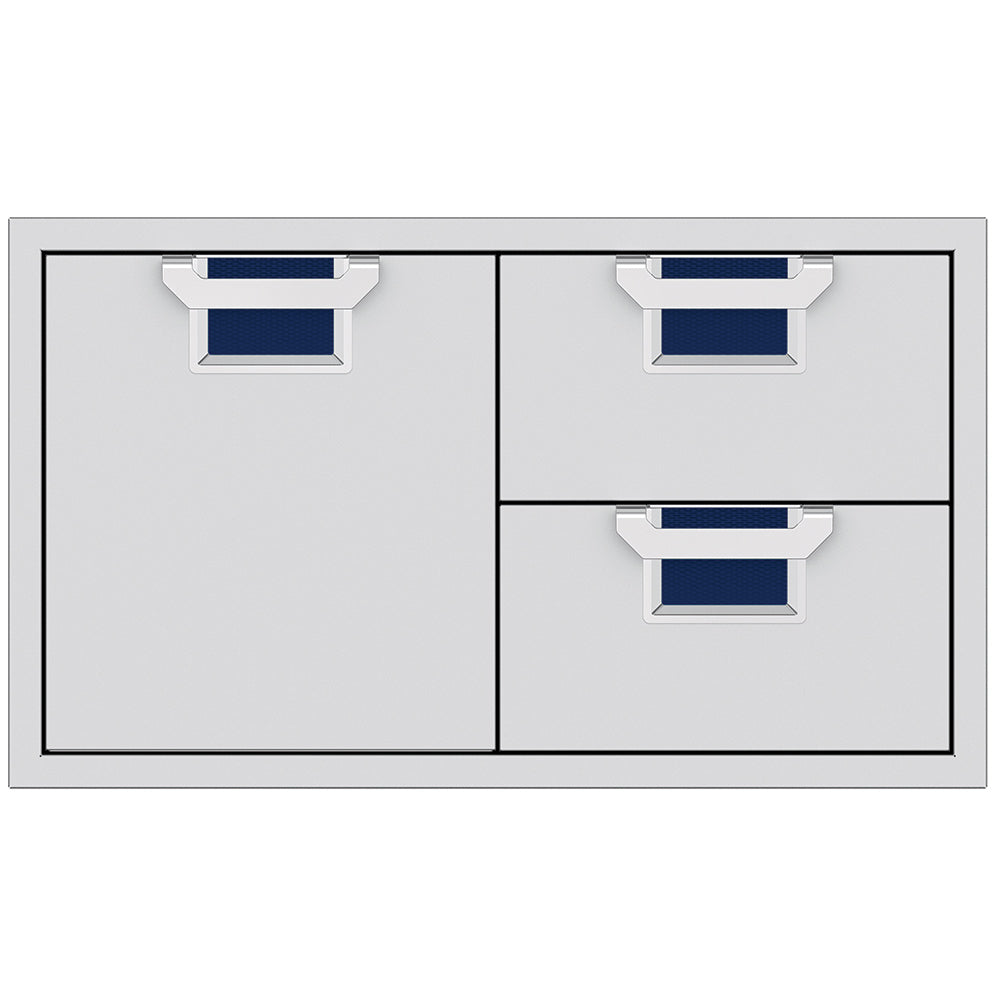 Metal storage drawer unit with two drawers and two doors, gray frame and navy drawer liners