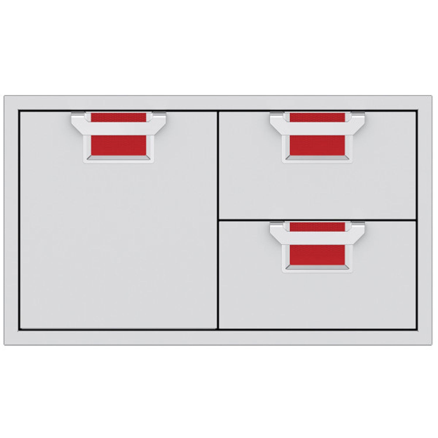 Metal storage drawer unit with two drawers and two doors, gray frame and red drawer liners