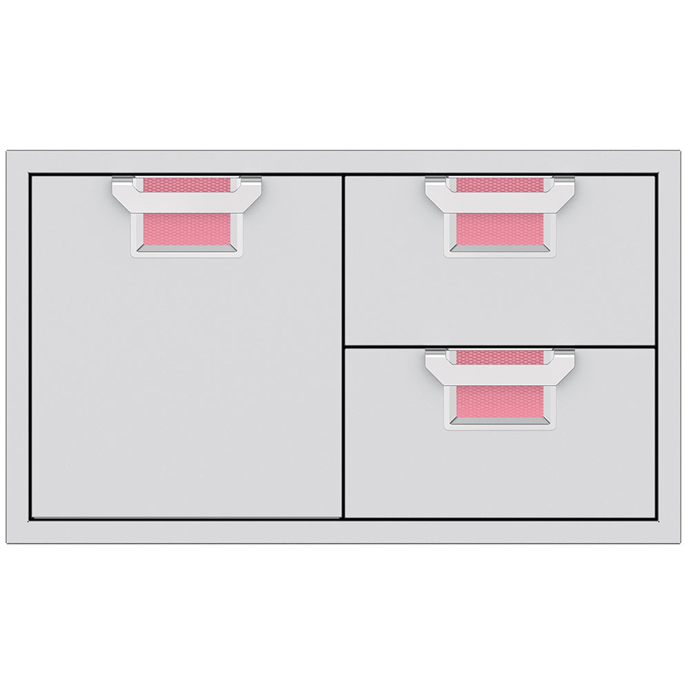 Metal storage drawer unit with two drawers and two doors, gray frame and pink drawer liners