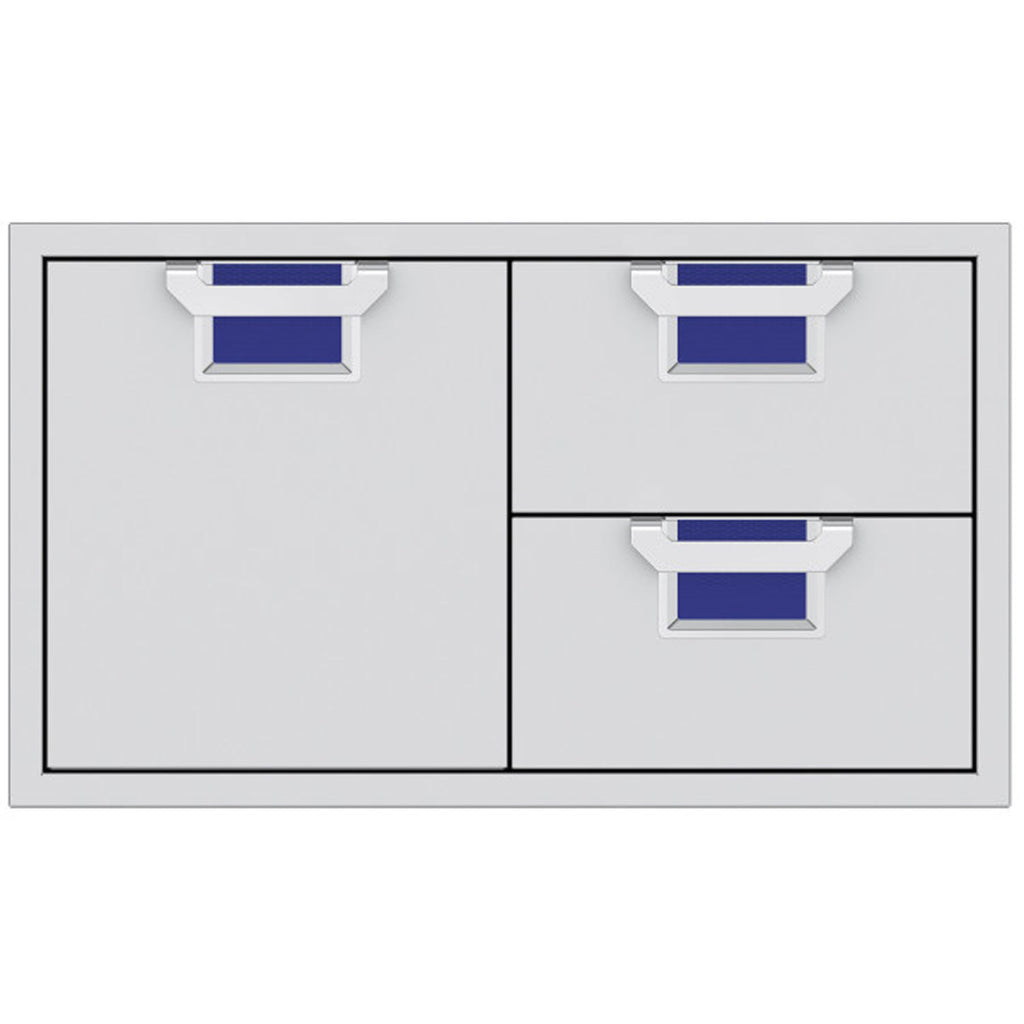 Metal storage drawer unit with two drawers and two doors, gray frame and blue drawer liners