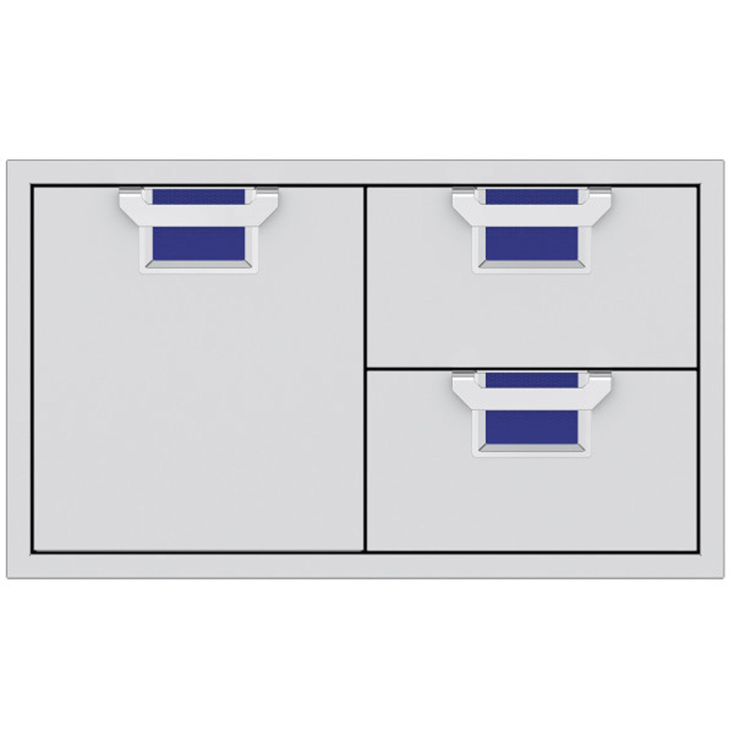 Metal storage drawer unit with two drawers and two doors, gray frame and blue drawer liners