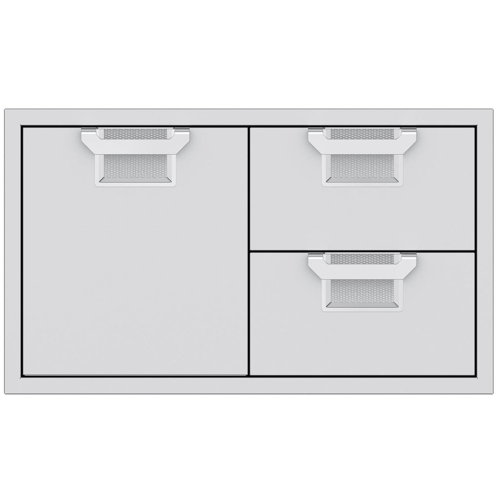 Metal storage drawer unit with two drawers and two doors, gray frame and drawer liners