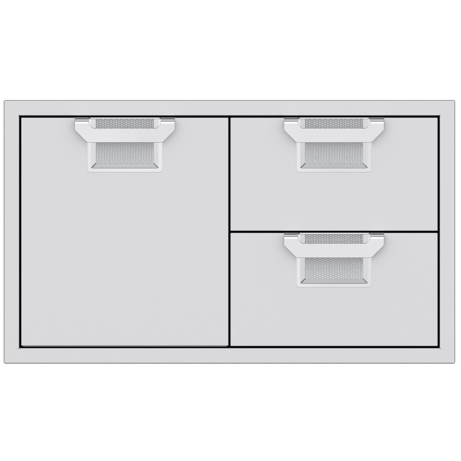 Metal storage drawer unit with two drawers and two doors, gray frame and drawer liners