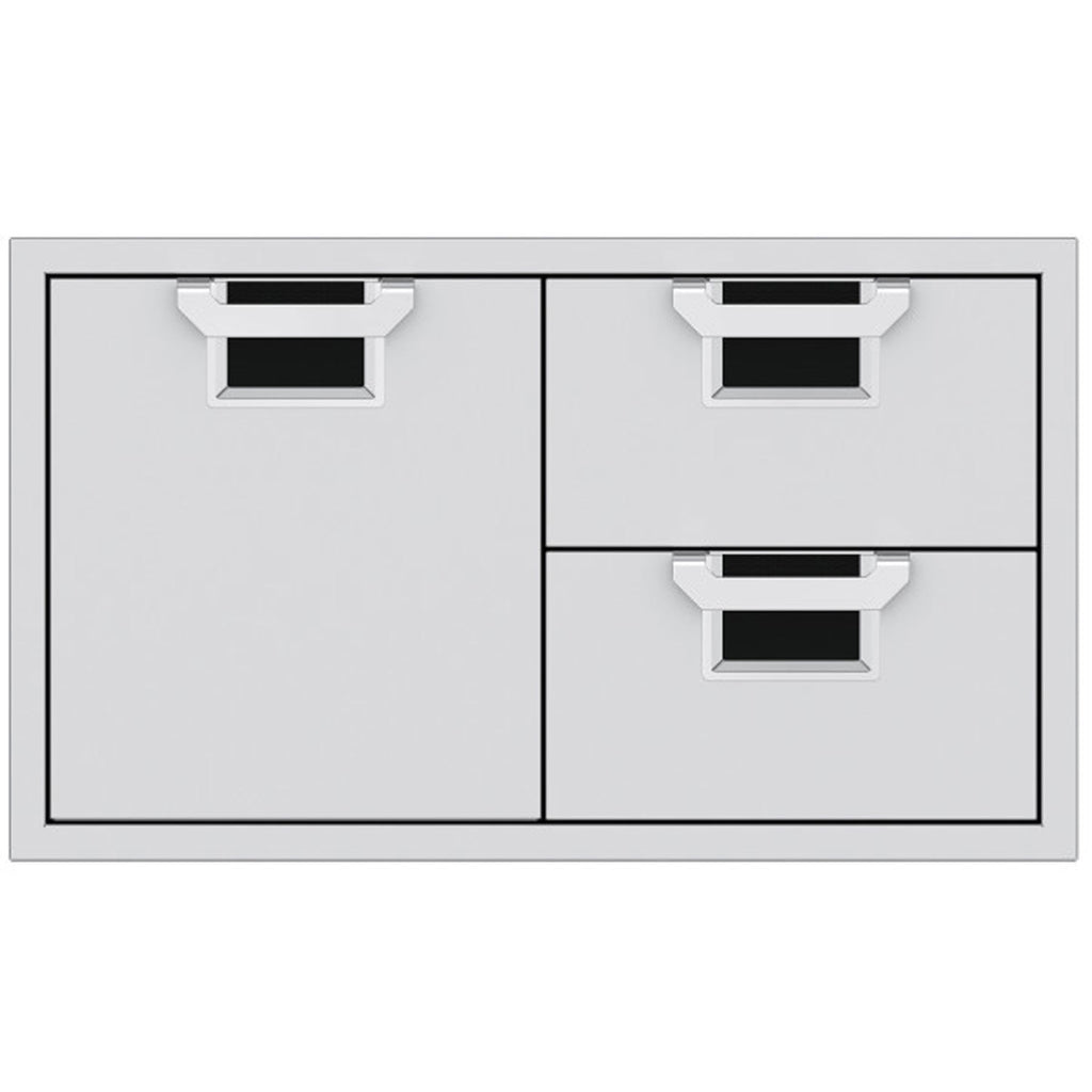 Metal storage drawer unit with two drawers and two doors, gray frame and dark drawer liners