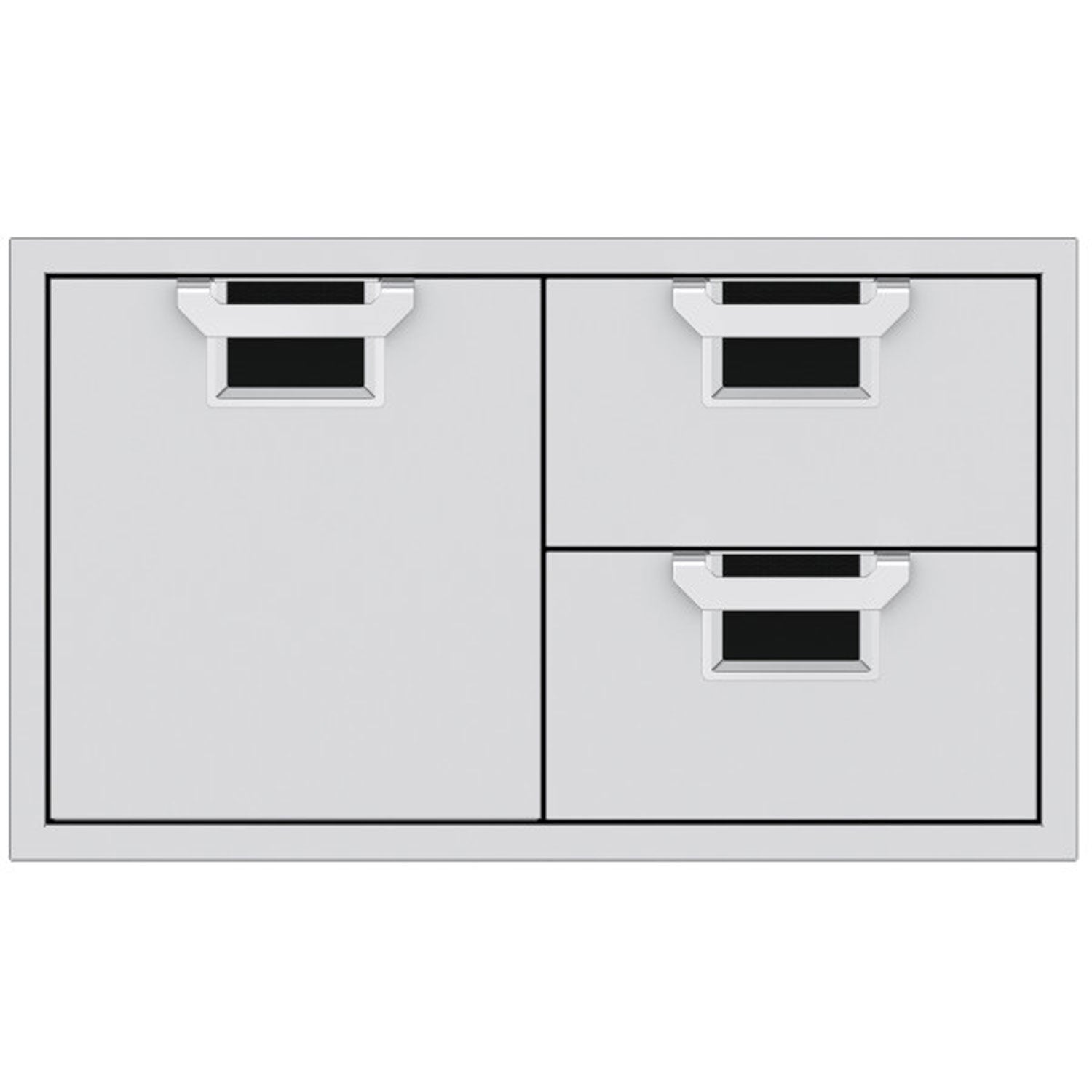Metal storage drawer unit with two drawers and two doors, gray frame and dark drawer liners
