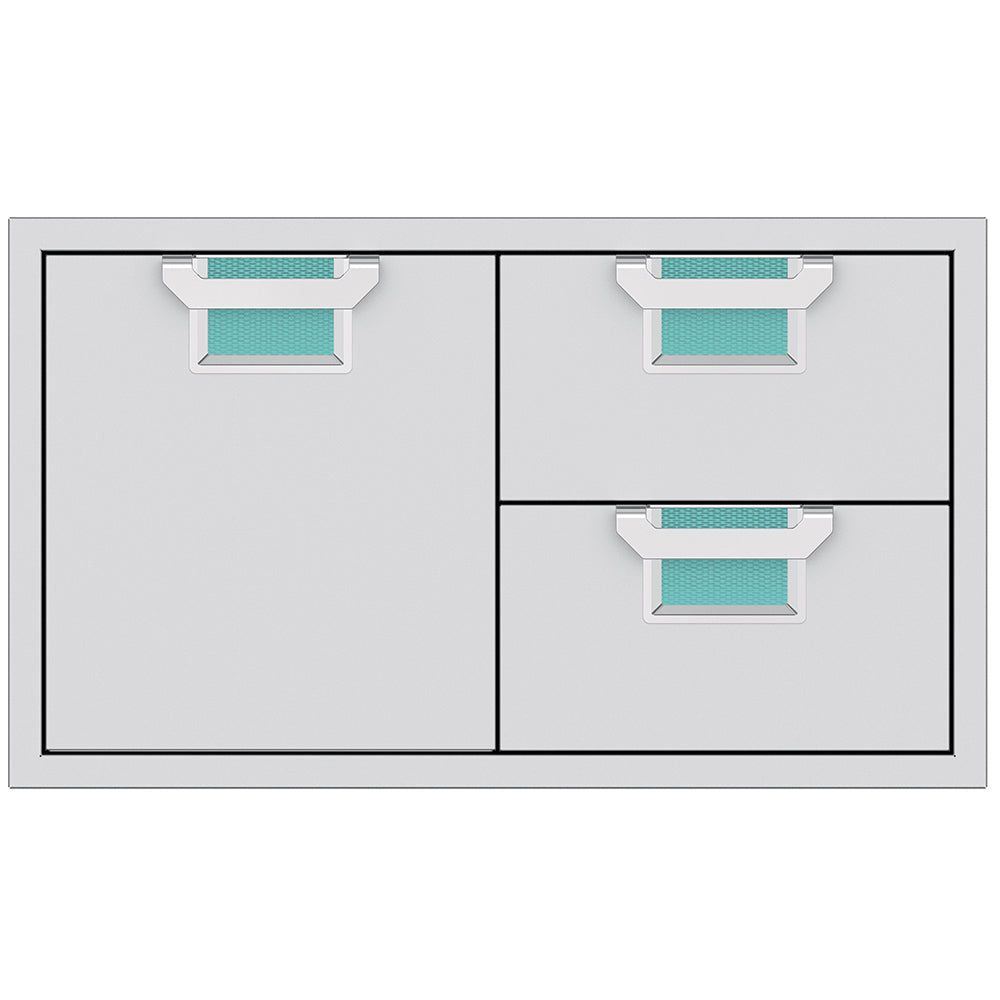 Metal storage drawer unit with two drawers and two doors, gray frame and teal drawer liners