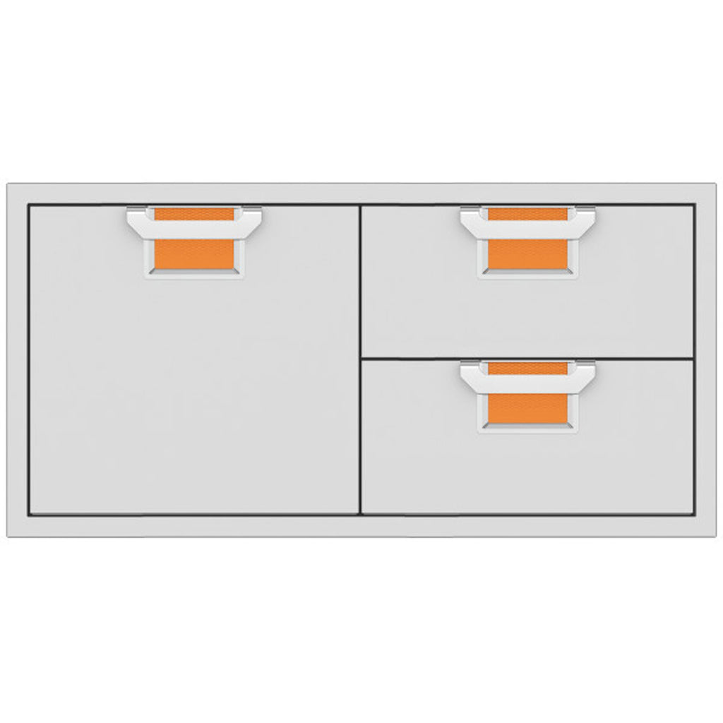 Two-door storage drawer combo with light gray fronts and orange textured drawer inserts