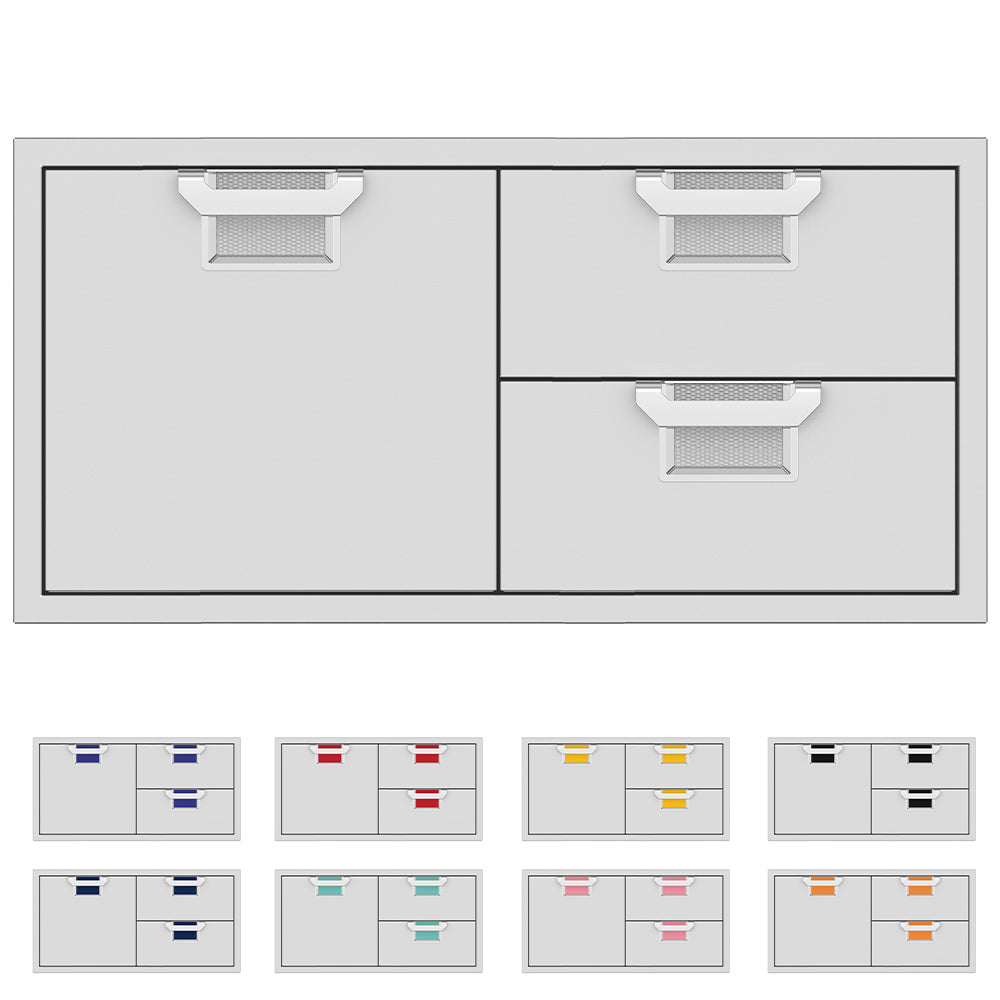 Outdoor storage cabinet combo with two doors and two drawers, blue accent drawers