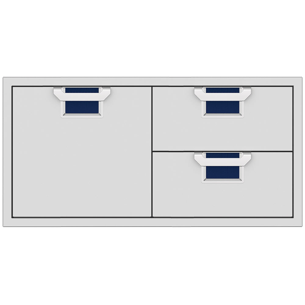 Two-door storage drawer combo with light gray fronts and medium blue textured drawer inserts