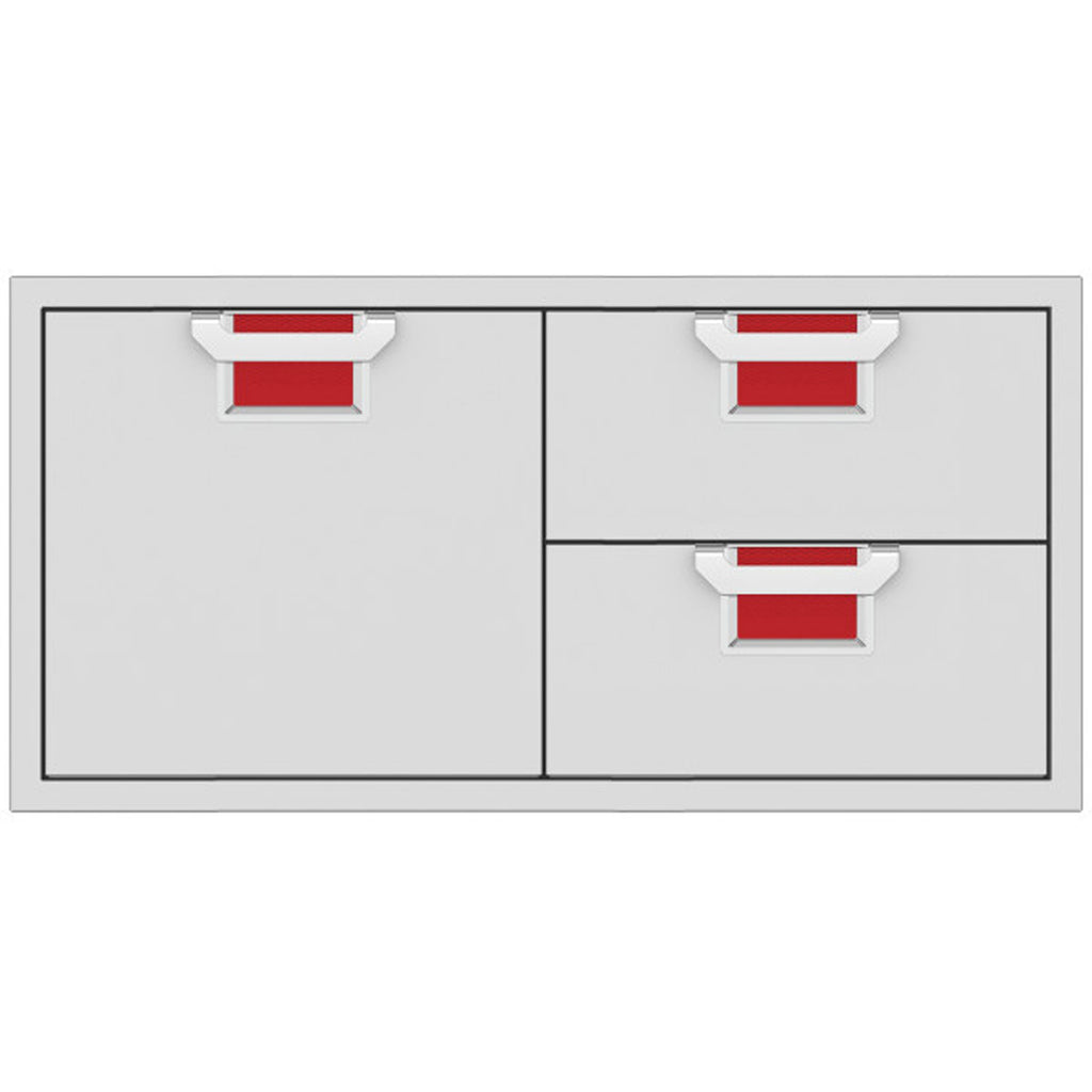 Two-door storage drawer combo with light gray fronts and red textured drawer inserts