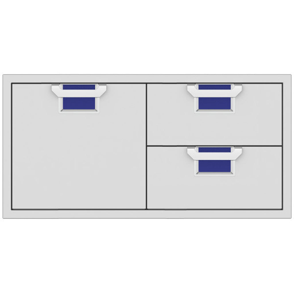 Two-door storage drawer combo with light gray fronts and dark blue textured drawer inserts