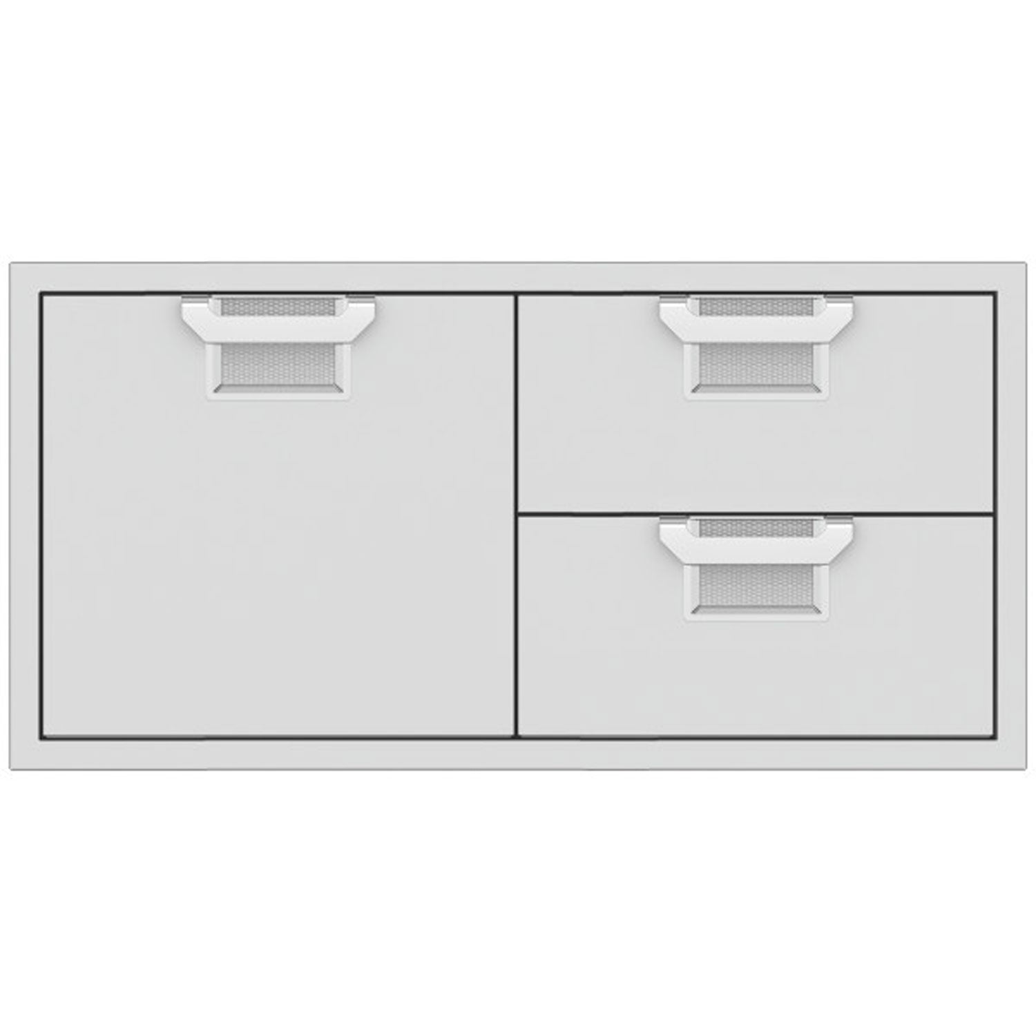 Two-door storage drawer combo with light gray fronts and textured drawer inserts