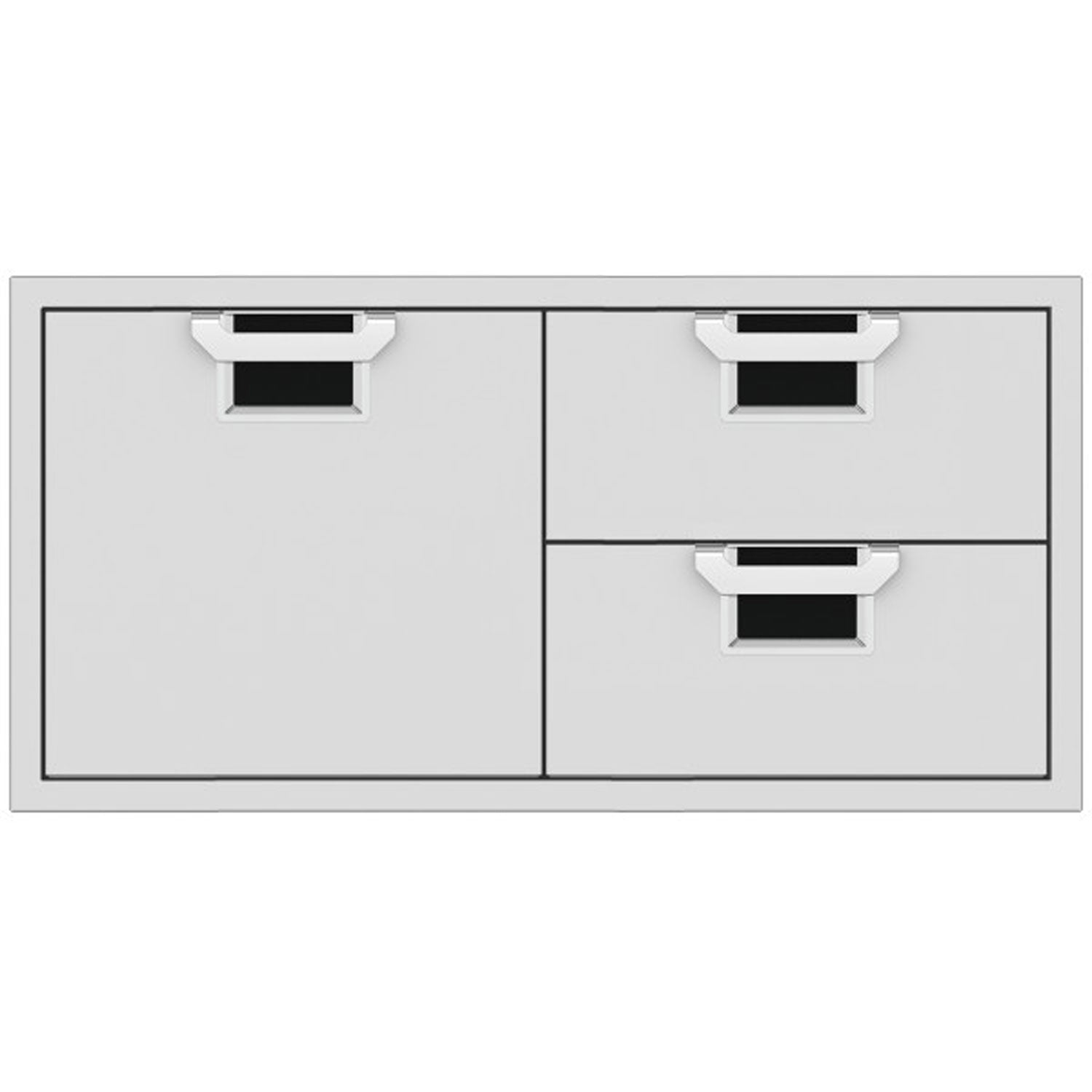 Two-door storage drawer combo with light gray fronts and black textured drawer inserts