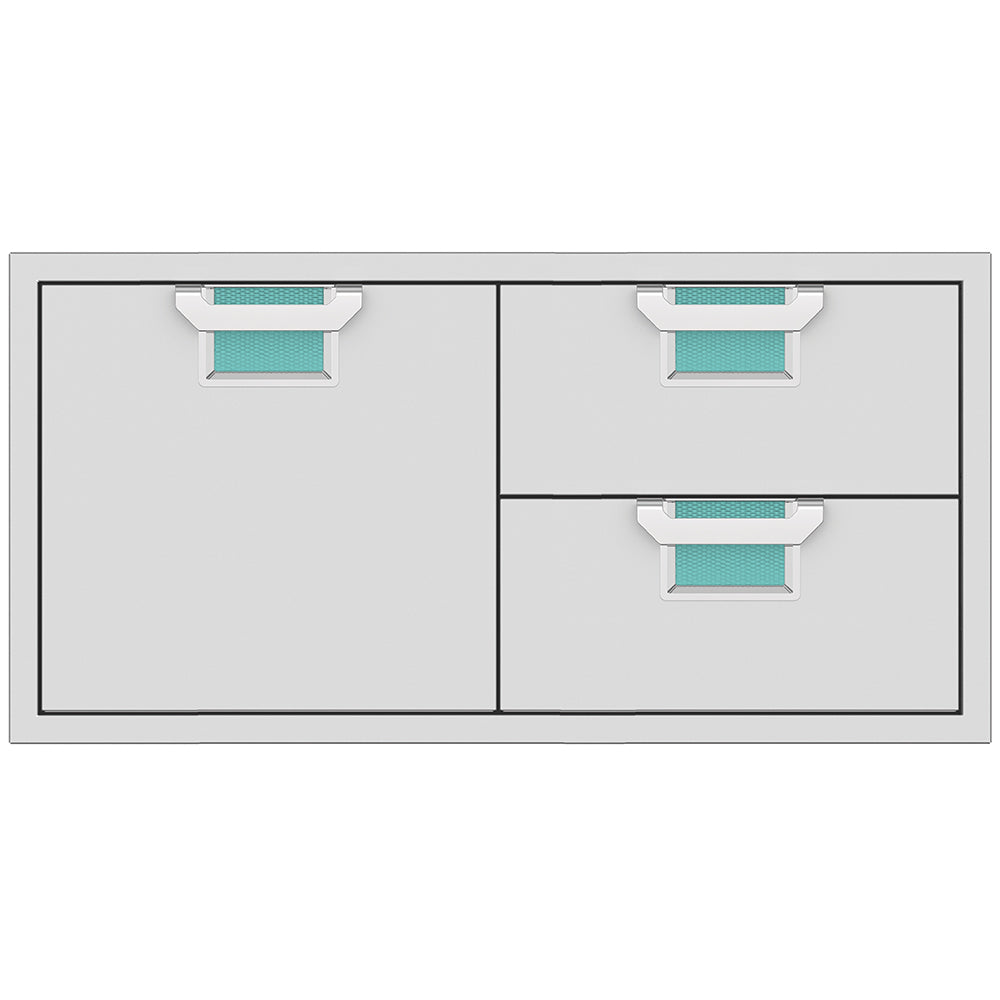 Two-door storage drawer combo with light gray fronts and teal textured drawer inserts