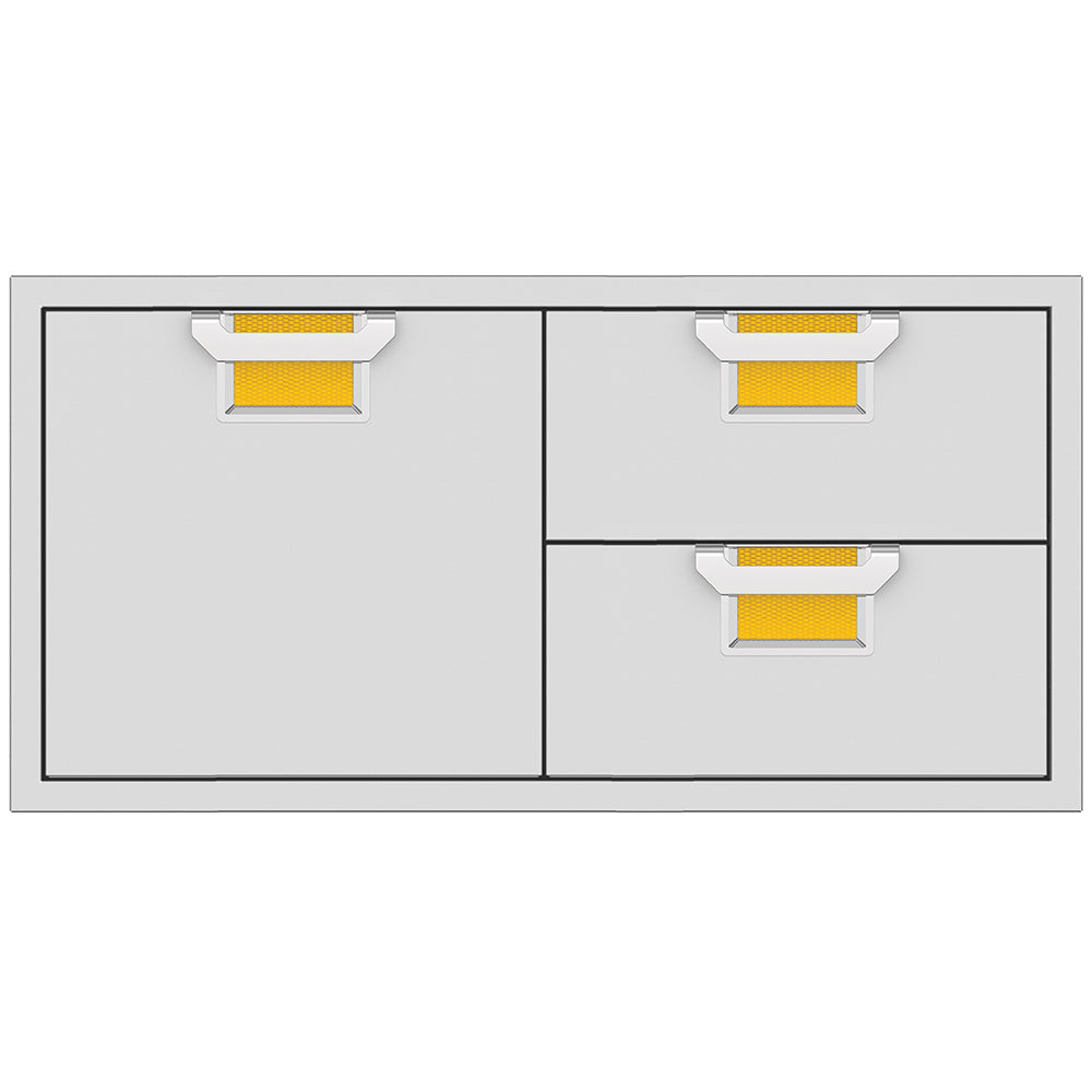 Gray two-drawer base cabinet with storage door, double drawer fronts