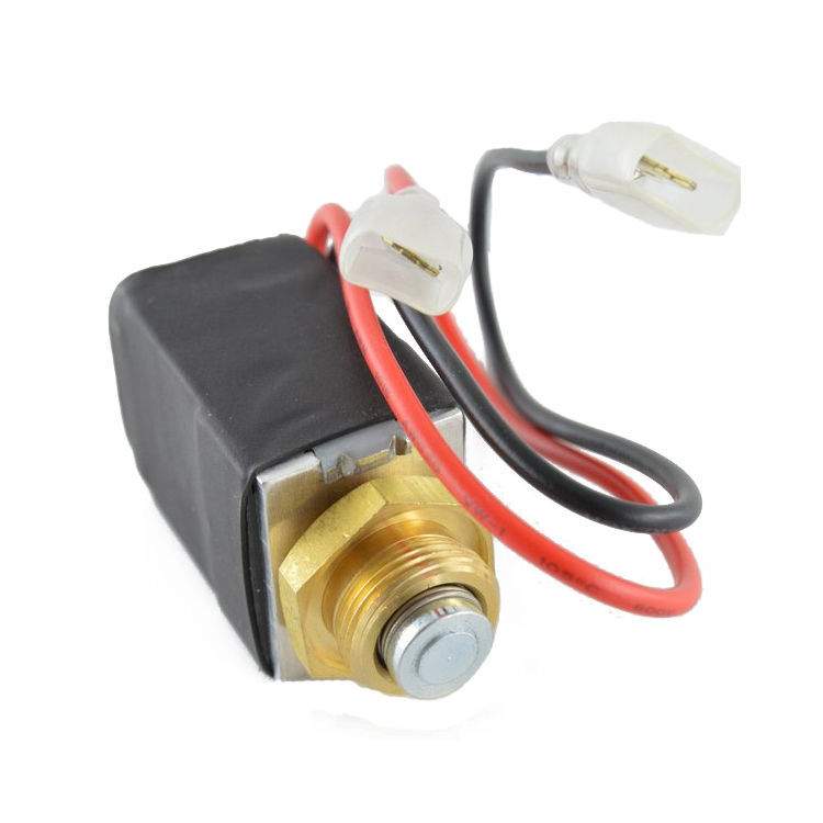 Skytech on/off solenoid with brass fitting and red/black wires, gray terminal