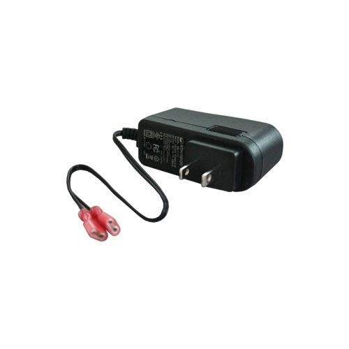 Power adapter with black AC plug and attached cable, including red connector leads