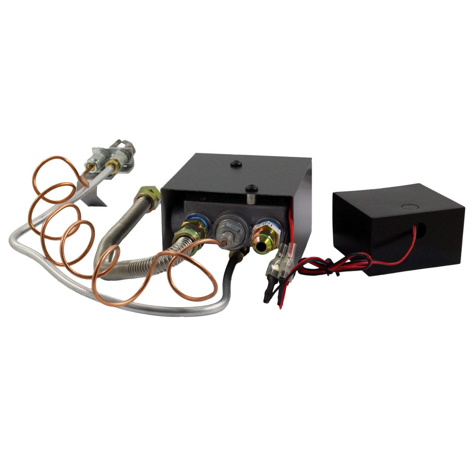 Manual gas valve kit components with control module, wiring, sensors, and mounting bracket