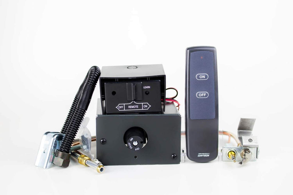 Manual on/off gas valve kit with remote, control box, wiring harness, and connectors