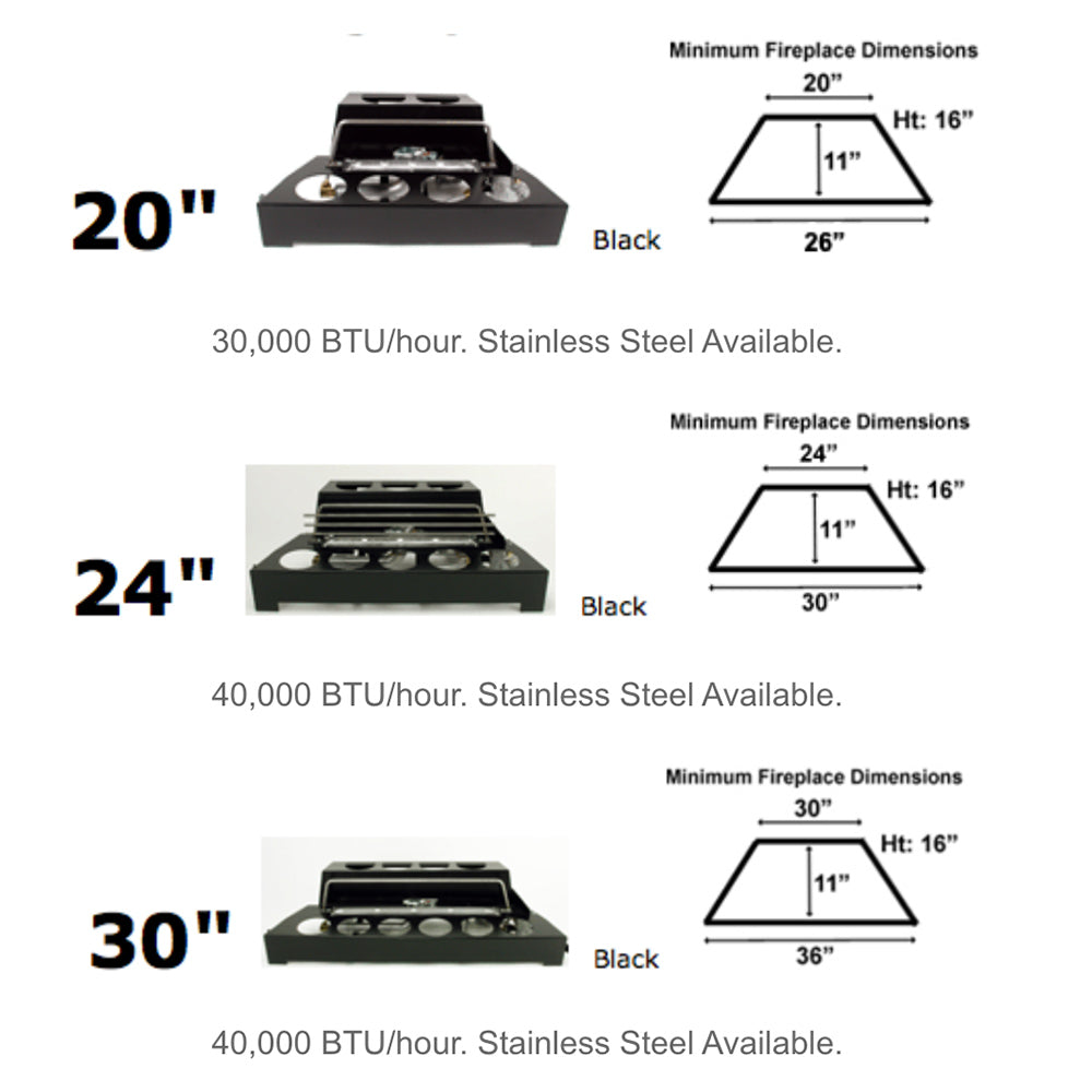 Black ventless burner kit with dimension diagram