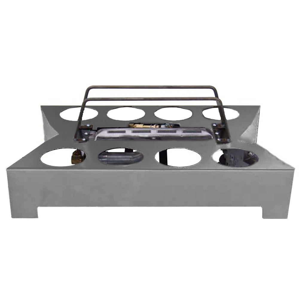Ventless burner base with stainless steel plate, control bar, and round burner openings