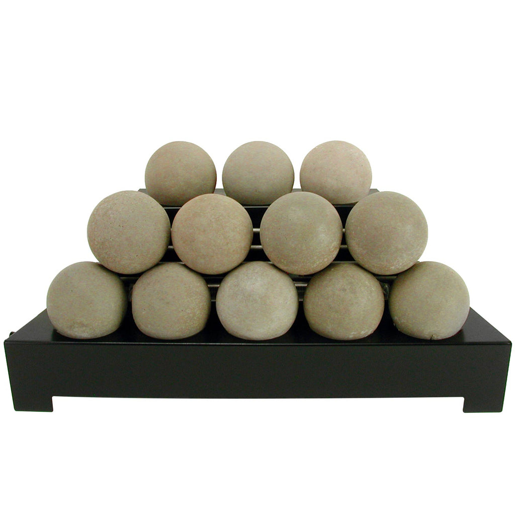 Smooth fireballs burner media in beige on a black burner pan