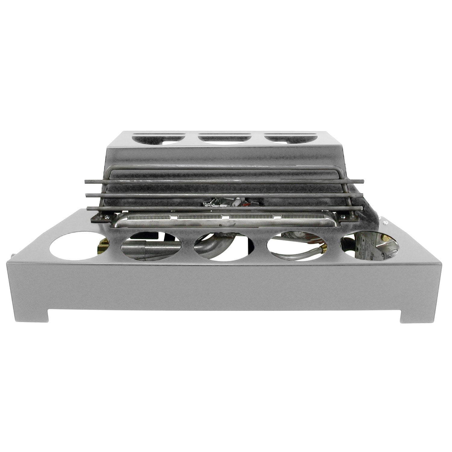 Stainless steel 24-inch burner base with multiple gas ports and grates