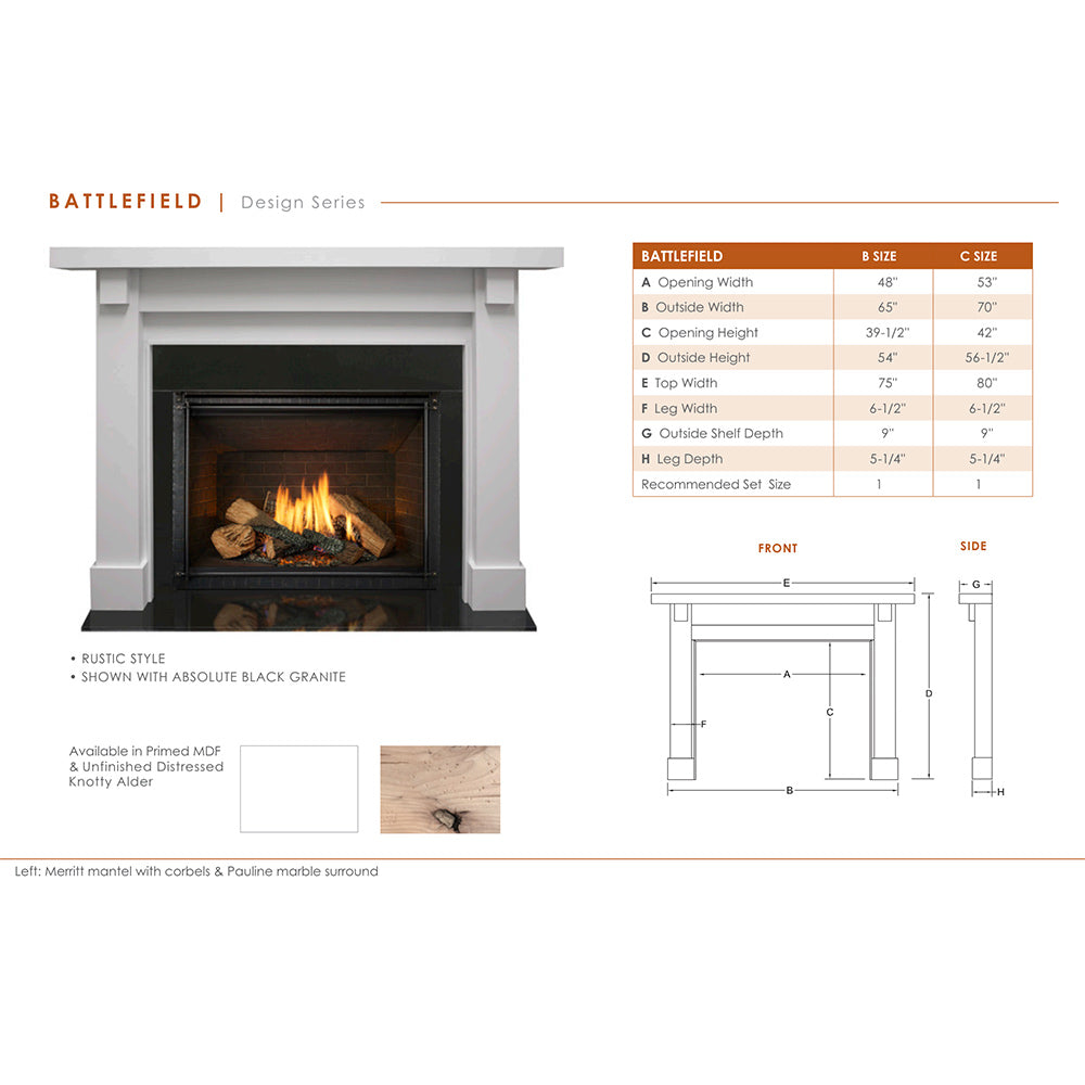 White flush fireplace mantel with black glass gas insert and flames; dimension diagram