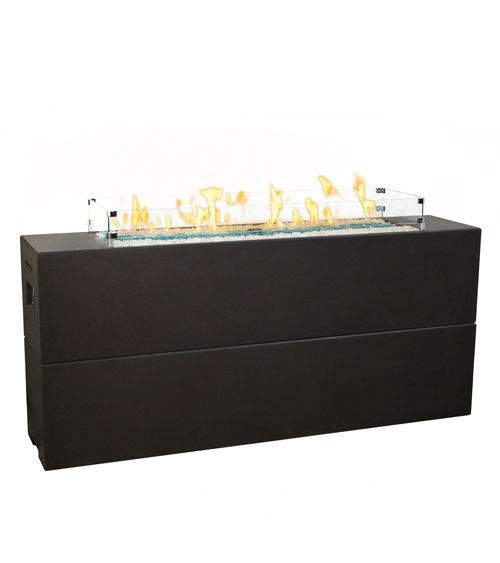 Linear bar height gas fire table with dark GFRC base and glowing fire bed