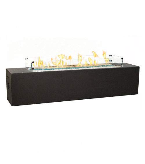 Rectangular gas fire table with dark GFRC base and linear flame panel