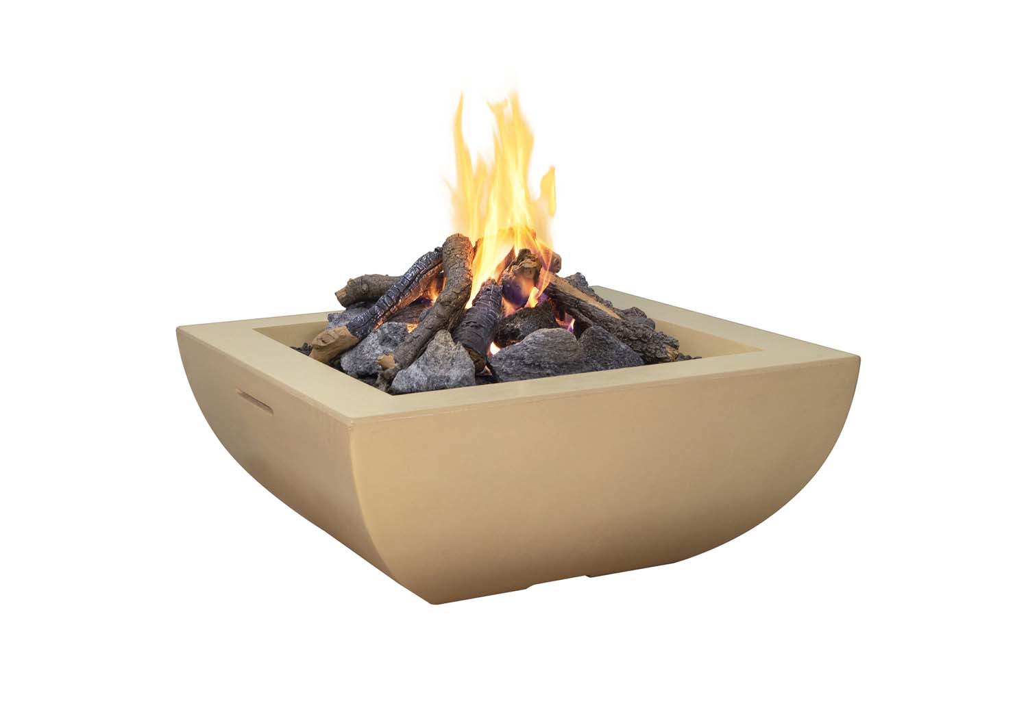 Square GFRC gas fire bowl with beige surround and visible flames over logs