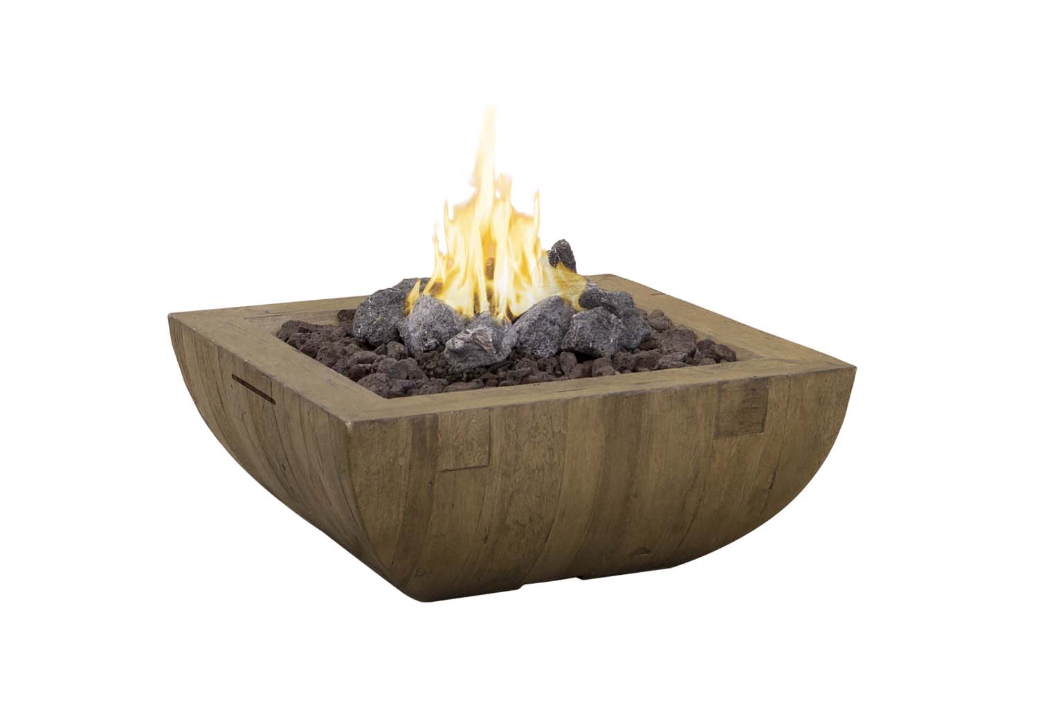 Square gas fire bowl with open flame and dark lava rocks in reclaimed wood surround.