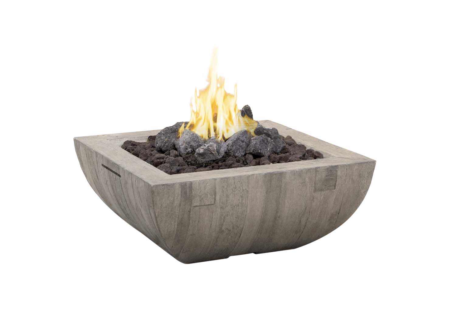 Square gas fire bowl with open flame and dark lava rocks, reclaimed wood texture.