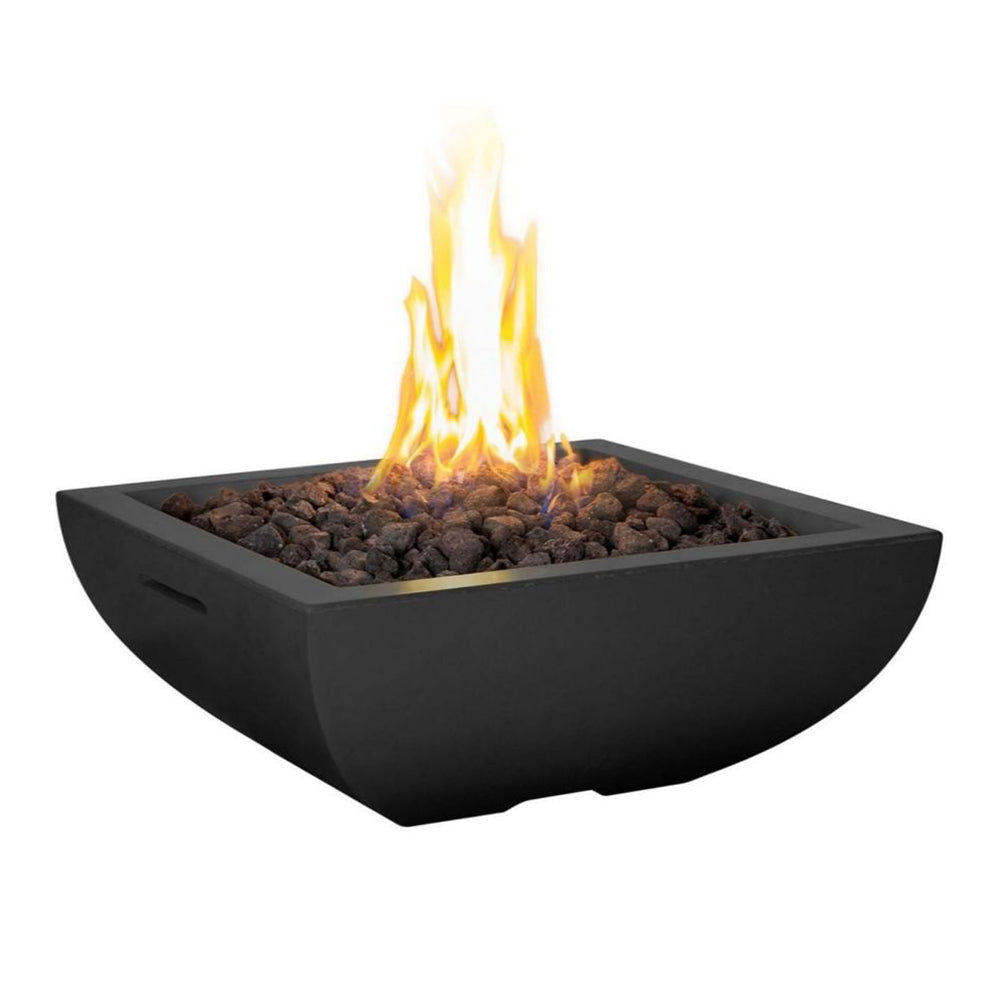 Square gas fire bowl with glowing flames and dark fire media, black GFRC finish