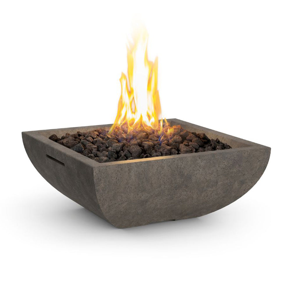 Square gas fire bowl with glowing flames and dark fire media, textured dark gray finish