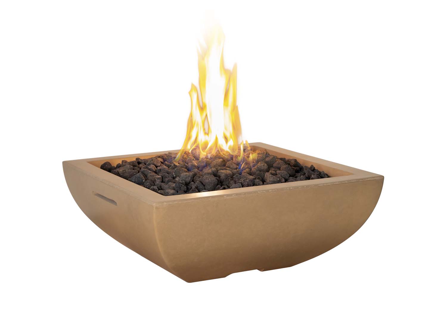 Square gas fire bowl with glowing flames and dark fire media, tan GFRC finish