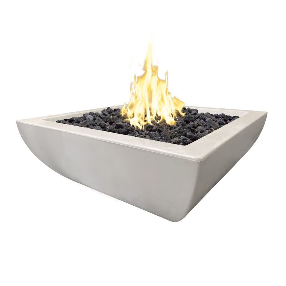 Square gas fire bowl with glowing flames and dark fire media, light gray GFRC finish