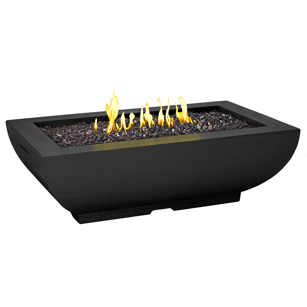 Rectangular fire bowl with black finish, flames and dark lava rocks