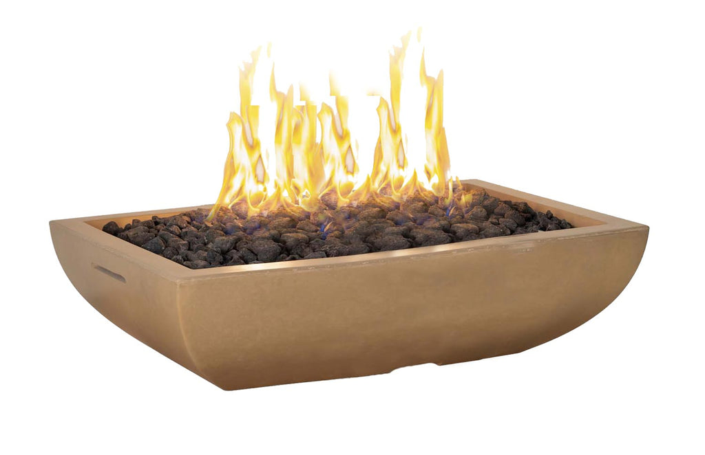 Rectangular fire bowl with beige finish, burning flames and dark lava rocks inside