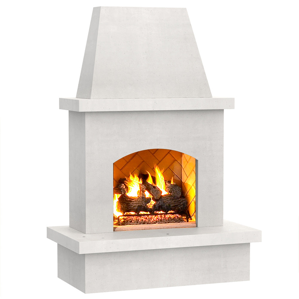 Outdoor gas fireplace with burning logs in dark firebox, light gray metal surround