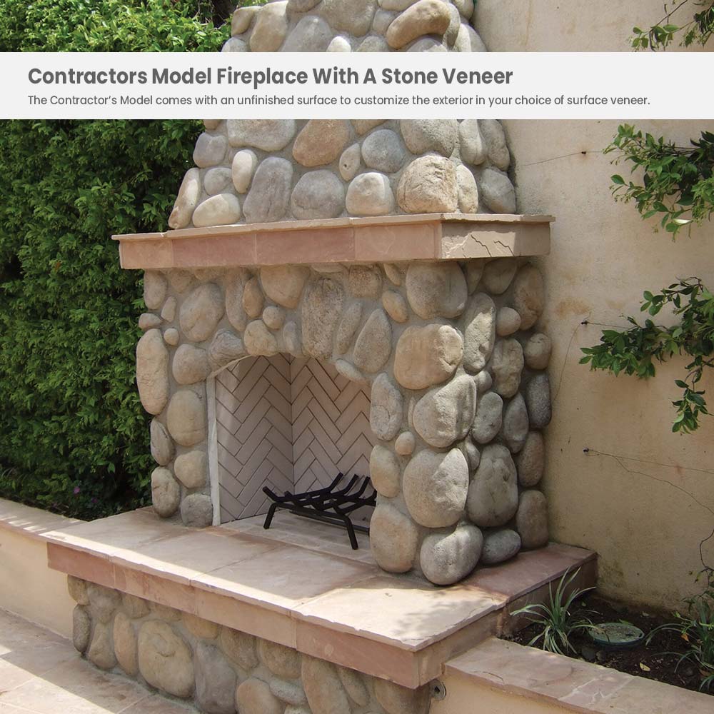 Stone-veneer outdoor fireplace with rock facade and dark firebox opening on patio base